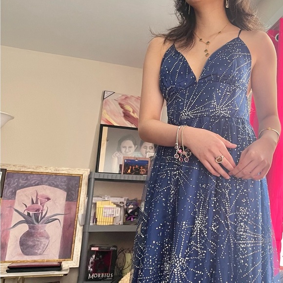 Womens Royal Blue V-neck Glitter Hi-cut Slit Prom Dress - Picture 11 of 11